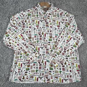 Barn Fly Button Up Shirt Men’s XL Long Sleeve All Over Graphic Print White USA